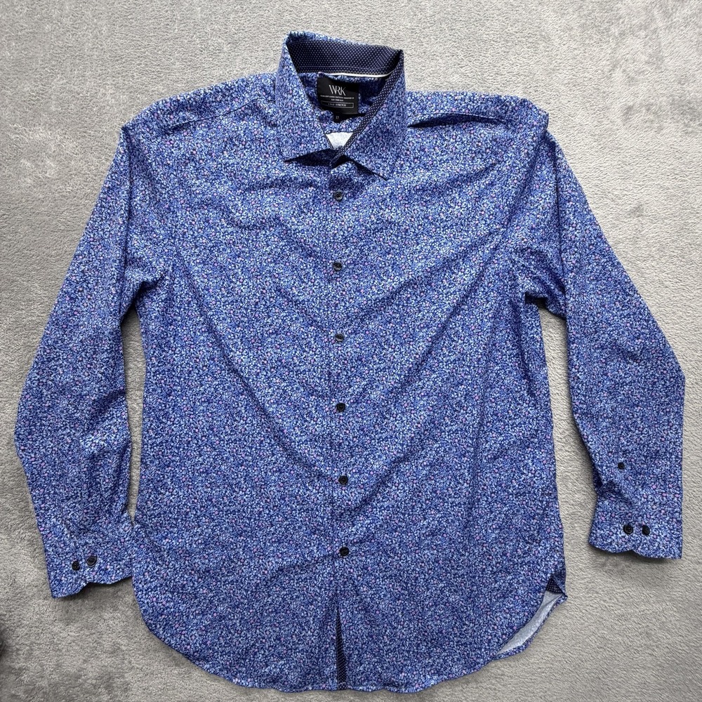 WRK Shirt Mens 17 32/33 Blue Floral 4-Way Stretch Dress Long Sleeve Button Front